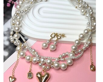 Stunning Multi-Strand Pearl Necklace Set with Heart Pendant - Elegant Bridal Jewelry for Weddings