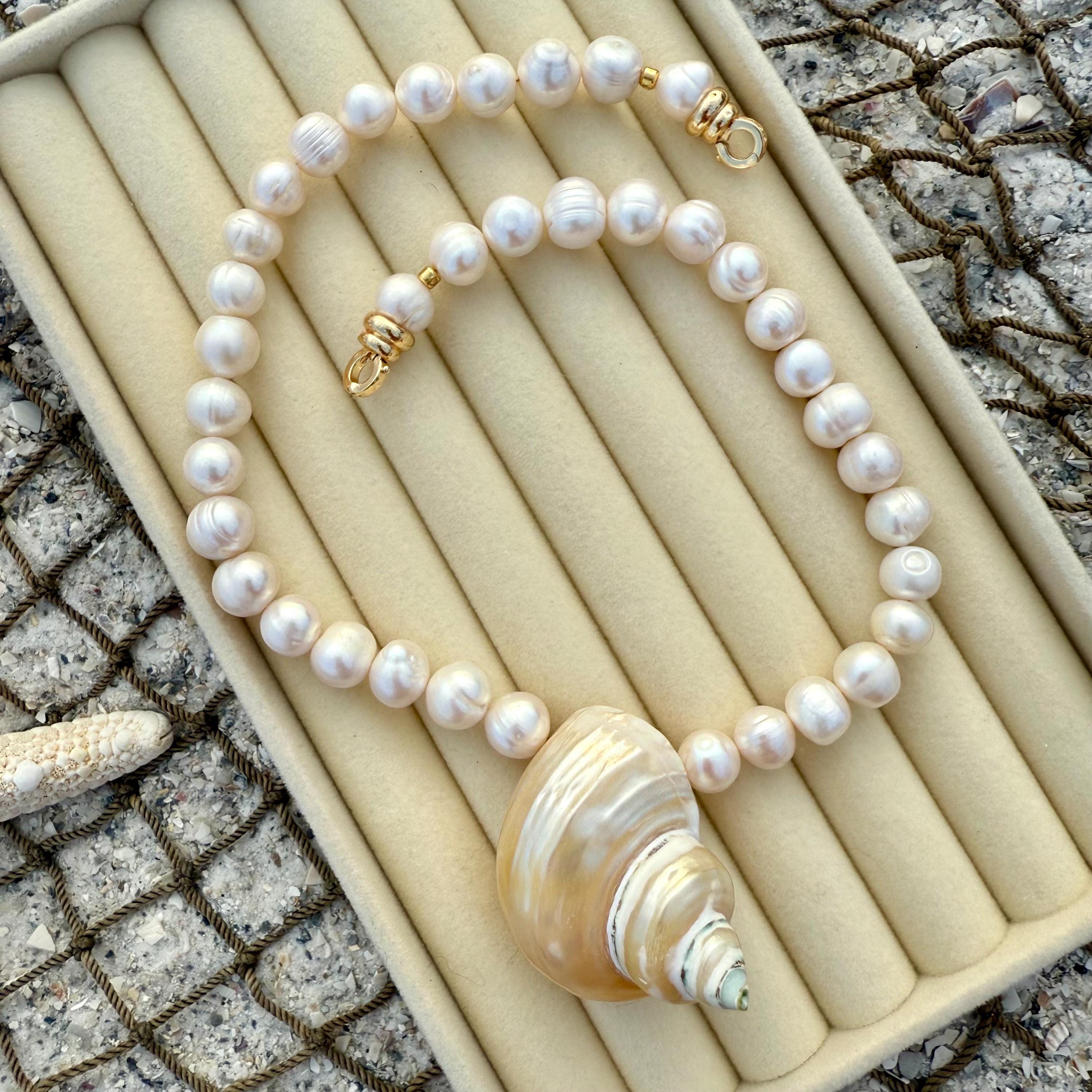 Natural Pearl Necklace with Large Shell Pendant - Handcrafted Florida Beach Jewelry