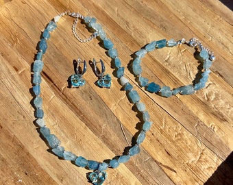 Elegant Aquamarine Choker & Earrings Set: Natural Blue Gemstone Jewelry for Women