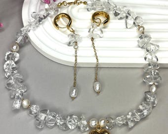 Elegant Clear Quartz - Pearl Jewelry Set: Gold Heart Pendant Choker & Earrings - Handmade Holiday Gift