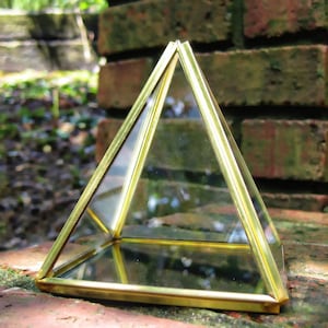 May include: A geometric terrarium in a pyramid shape. The glass panels are held together by gold-colored metal framing. The terrarium sits on a brick surface, with a blurred background of greenery and a brick wall.