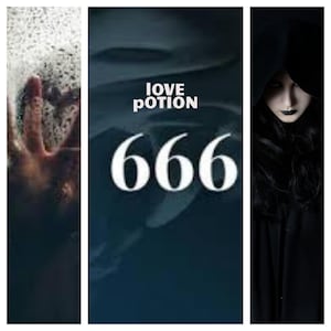 Può includere: Uno sfondo blu scuro con il testo "LOVE POTION 666" in bianco. L'immagine è divisa in tre sezioni, con una mano che sporge da sinistra, uno sfondo blu scuro al centro e una donna con un mantello nero con cappuccio a destra.