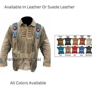 Handmade Men Western Cowboy Style Beaded Suede Leather Jacket with fringes Mens Suede Leather Native Style Western Wear Leather Jacket Coat