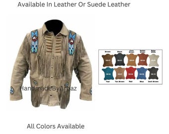 Handmade Men Western Cowboy Style Beaded Suede Leather Jacket with fringes Mens Suede Leather Native Style Western Wear Leather Jacket Coat