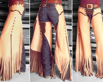 Suède leren chap voor dames: western-cowgirl-rijchat met franjes