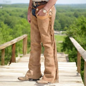 Men Western Cowboy Style Suede Leather Chap Men Riding Leather Chap Fringes Men Cowboy Leather Pant Men Native Leather Rodeo Fringed Chap
