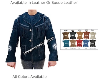 Men's Suede Leather Fringed Jacket: Vintage Western Cowboy Beaded Coat