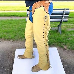 Men&#39;s Western Wear Cowboy Chap Fringes, Suede Leather Pant, Suede Leather Chap Riding Chaps, Rodeo Chap, Mountain Chap, Men Buckskin Chap