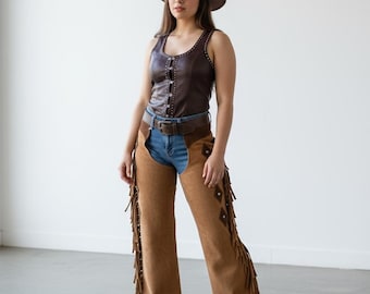 Women Western Wear Suede Leather Chap Fringes, Leather Pant, Leather Chap, Riding Chaps Handmade Women Rodeo Leather Chaps