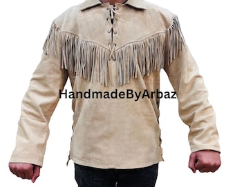 Handmade Men Western Cowboy Style Suede Leather Shirt Style Jacket with fringes Mens Suede Leather Native Style Western Wear Leather Shirt