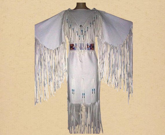 Handmade Suede Leather Fringed Dress: Beaded Powwow Regalia