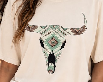 Comfort Colors® Boho Western shortsleeve longsleeve youth tshirt- Southwestern Aztec Tribal pattern Bull Skull