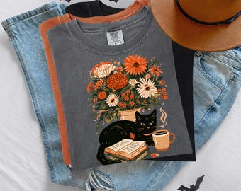 Fall Black Cat Coffee Book Comfort Colors® Price Fixed Short and Longsleeve Tshirt