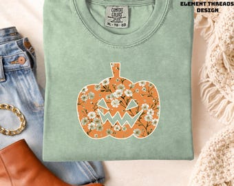 Floral Pumpkin Comfort Colors® Shortsleeve and Longsleeve tshirt - Cottagecore Jackolantern Halloween tee
