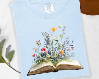 Book Floral Comfort Colors® Short and Longsleeve Tshirt - Bookish Librarian Cottage core tee