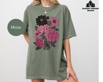 Linocut tshirt Black Retro Floral tee