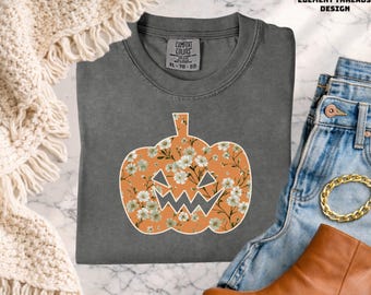 Floral Pumpkin Comfort Colors® Shortsleeve and Longsleeve tshirt - Cottagecore Jackolantern Halloween tee