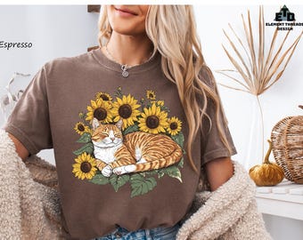 Sunflower Cat T-shirt: Floral Feline Tee, Cat Lover Gift
