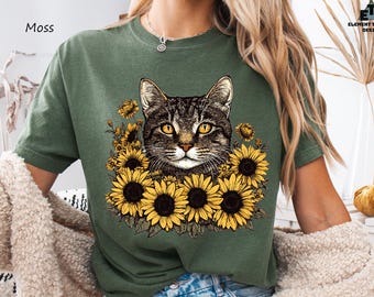 Cat Sunflower T-shirt: Floral Wildflower Design