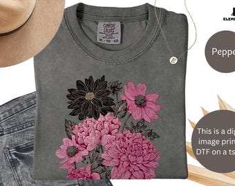 Linocut tshirt Black Retro Floral tee