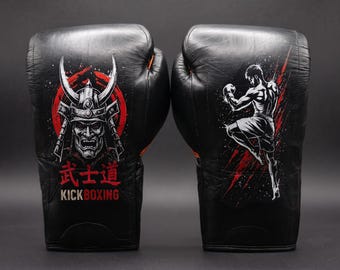 Handmade Genuine Leather Kickboxing Gloves | Samurai Boxing Gloves | Professional Lace Up Training Gloves | Boxing Gift | Muay Thai Gloves