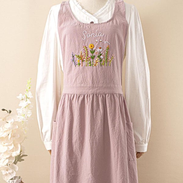 Hand Embroidered Floral Apron With Pockets for Women: Gardening Kitchen Cooking Apron