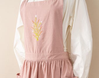 Hand-Embroidered Cotton Apron: Personalized Floral Kitchen Apron