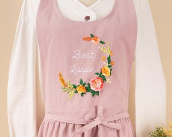 Hand Embroidered Linen Cotton Apron : Custom Floral Embroidery Apron for Women