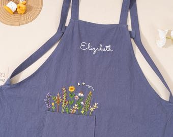 Hand Embroidered Apron : Wildflower Embroidery Cotton Linen Apron for Women, Mothers Day Gift