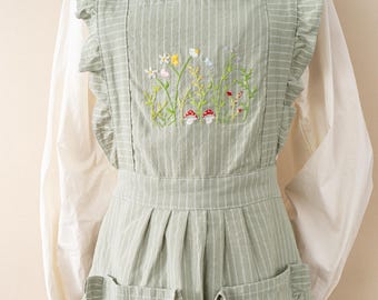 Hand-Embroidered Flower Garden Apron: Ruffle Straps, Custom Name