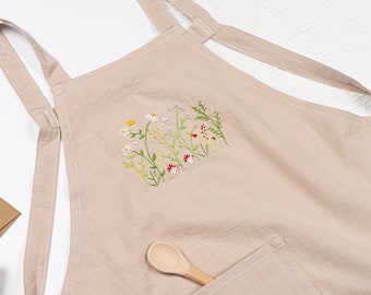 Hand Embroidered Apron: Flower Garden Cotton Kitchen Apron