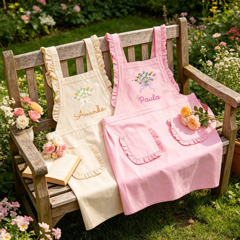 May include: Two aprons, one cream and one pink, with ruffled edges and pockets, rest on a wooden bench. The cream apron has "Amanda" embroidered, and the pink one says "Paula." Both feature floral embroidery. Roses and a book are nearby.