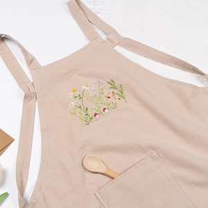Hand Embroidered Apron Women, Flower Garden Embroidered Apron, Cotton Apron, Gardening Apron, Kitchen Apron, Mother&#39;s Day Gift, Gift For Her