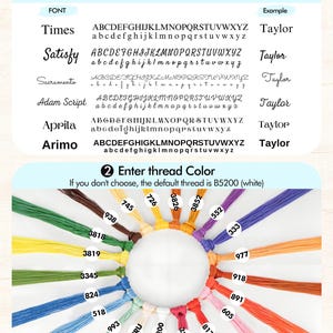 May include: A customization guide featuring a list of six font styles labeled Times, Satisfy, Sacramento, Adam Script, Aprila, and Arimo, followed by a circular arrangement of colorful embroidery thread samples labeled with numerical color codes.