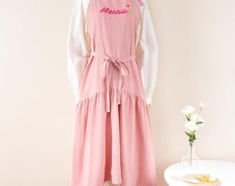 Hand-Embroidered Floral Cotton-Linen Apron: Custom Name, Fishtail Hem