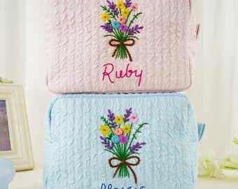 Hand Embroidered Cosmetic Bag : Personalized Bridesmaid Seersucker Makeup Bag