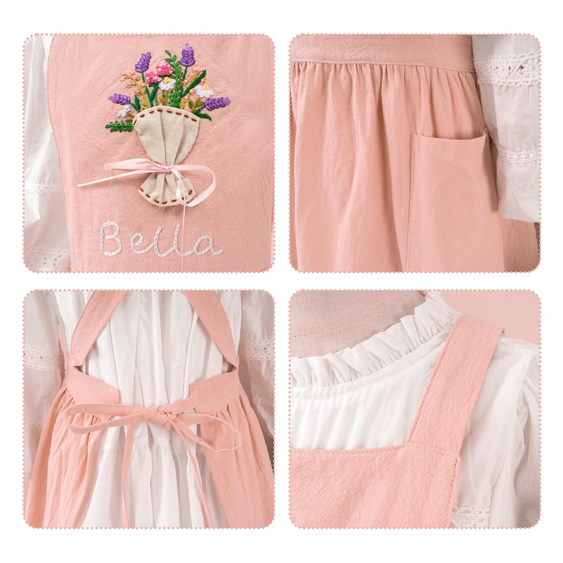 Puede incluir: Delantal rosa con ramo de flores bordado y el nombre "Bella". El delantal tiene un bolsillo y un lazo en la espalda. Se usa sobre una blusa blanca con detalles de encaje.