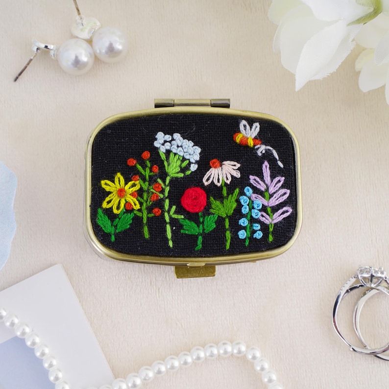 Personalized Hand-Embroidered Jewelry Box: Portable Ring Storage Box with Mirror Bridesmaid Gift image 12
