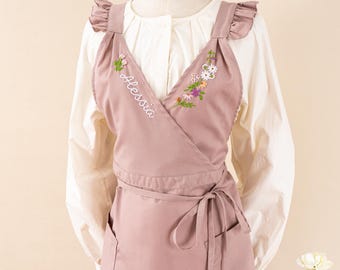 Personalized Cotton-Linen Apron: Hand-Embroidered Tulip, Adjustable Straps