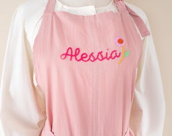 Hand-Embroidered Cotton Linen Apron: Custom Name & Pink Flower