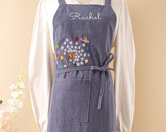 Hand Embroidered Floral Apron, Custom Name Cotton Linen Kitchen Apron