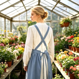 May include: A long-sleeved white dress worn with a blue apron featuring a cross-back design. The apron has wide shoulder straps that intersect at the back and a fabric tie at the waist, creating a gathered skirt effect over the white dress.