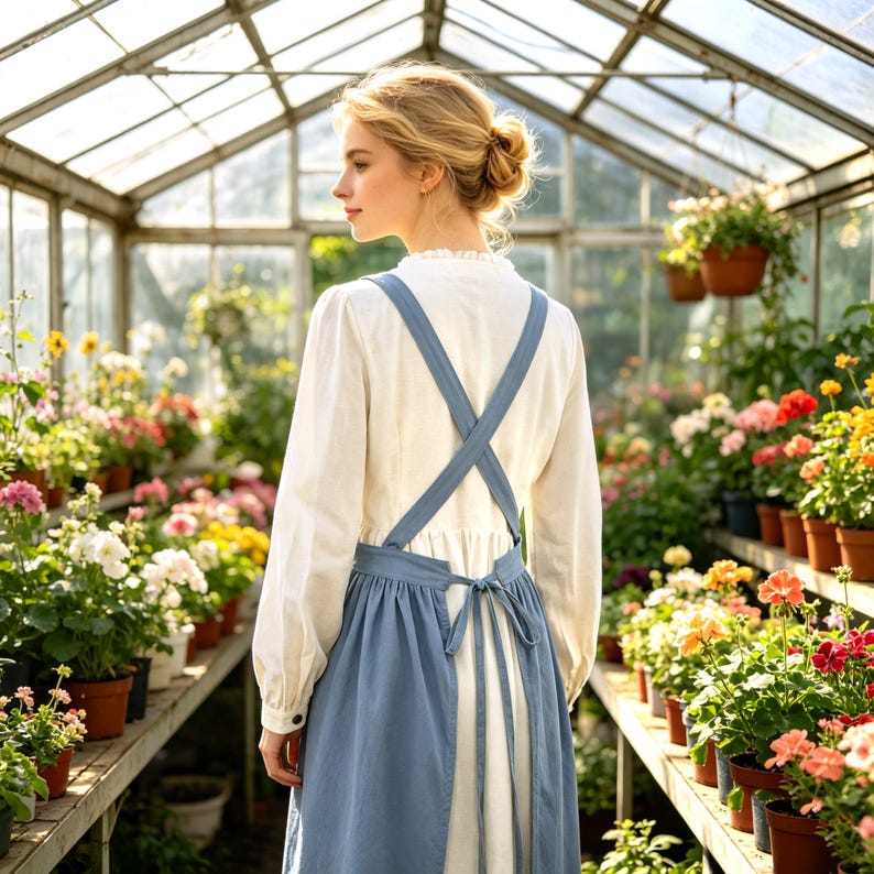 May include: A long-sleeved white dress worn with a blue apron featuring a cross-back design. The apron has wide shoulder straps that intersect at the back and a fabric tie at the waist, creating a gathered skirt effect over the white dress.