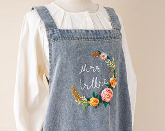 Personalized Hand Embroidered Denim Apron, Floral Design