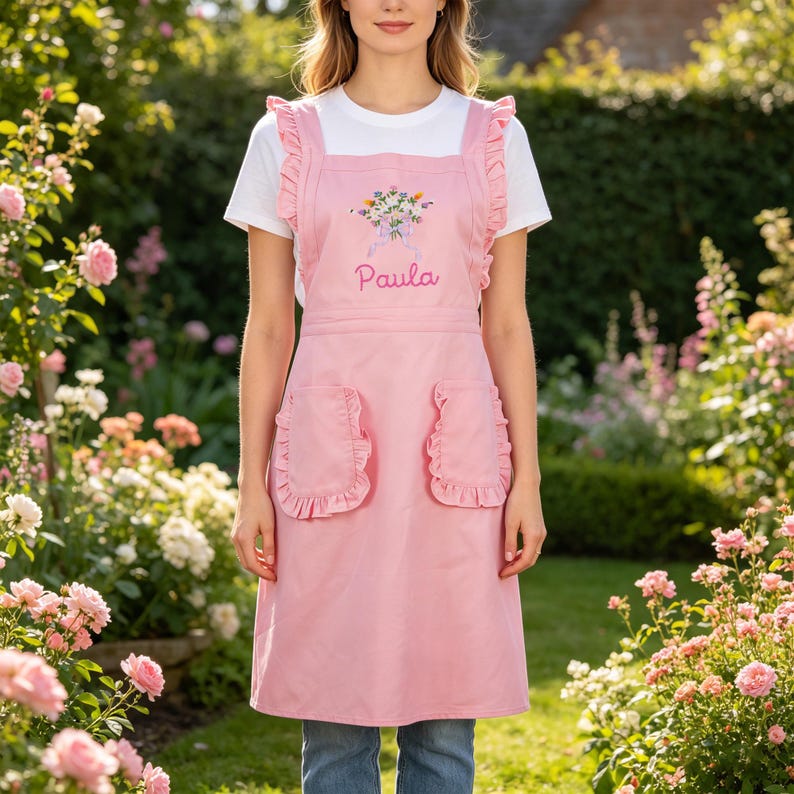 May include: A pink apron with ruffled edges and pockets, embroidered with a floral bouquet and the name "Paula". The apron has wide straps and is worn over a white t-shirt. The background features a garden with pink roses.