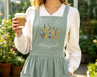 Hand Embroidered Cotton Linen Apron :Personalized Gardening Apron with Name  Gift for Her