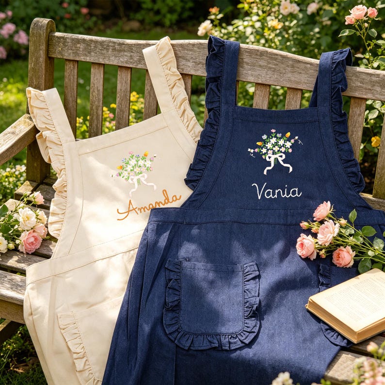 May include: Two aprons with floral embroidery and the names "Amanda" and "Vania". One apron is cream-colored, the other is navy blue. Both have ruffled edges and pockets. The aprons are on a wooden bench with flowers.