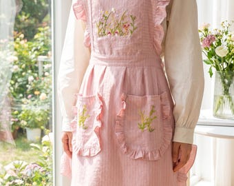 Personalized Hand Embroidered Apron: Hand-Stitched Floral Ruffle Pockets, Mothers Day Gift