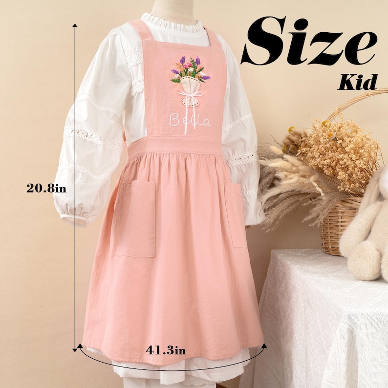 Conjunto de delantal personalizado bordado a mano: delantal con estampado de ramo para hornear o jardinería, para adultos y niños. Pink-kid