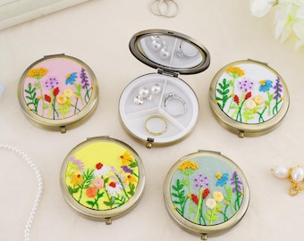 Personalized Hand-Embroidered Jewelry Box: Portable Ring Storage Box with Mirror  Cute Bridesmaid Gift